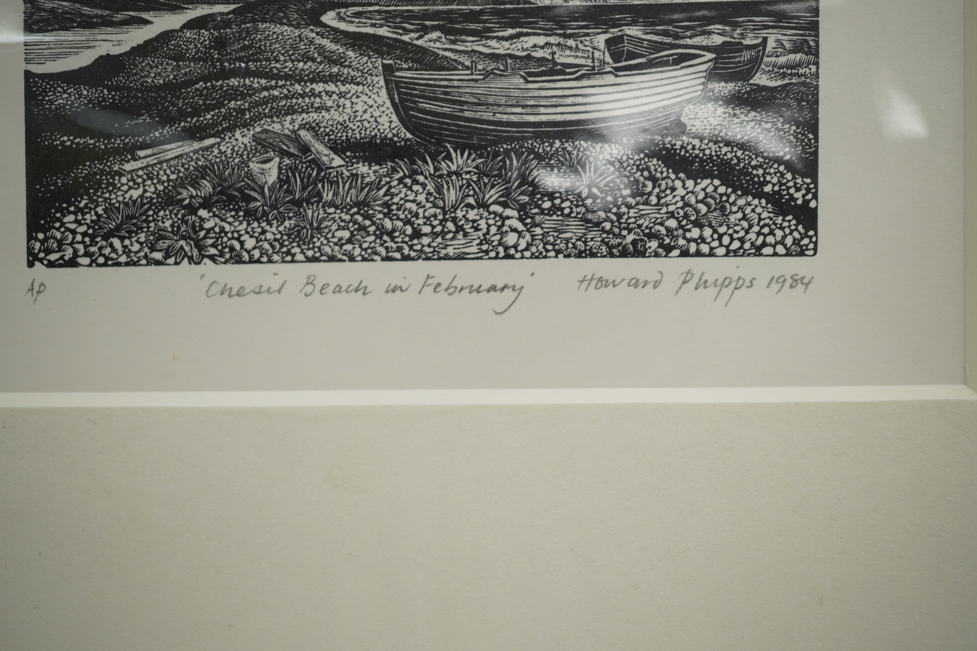 Howard Phipps (b.1954), artist proof wood engraving, 'Chesil Beach in February', signed and dated 1984 in pencil, 8 x 13cm, mounted, unframed. Condition - good